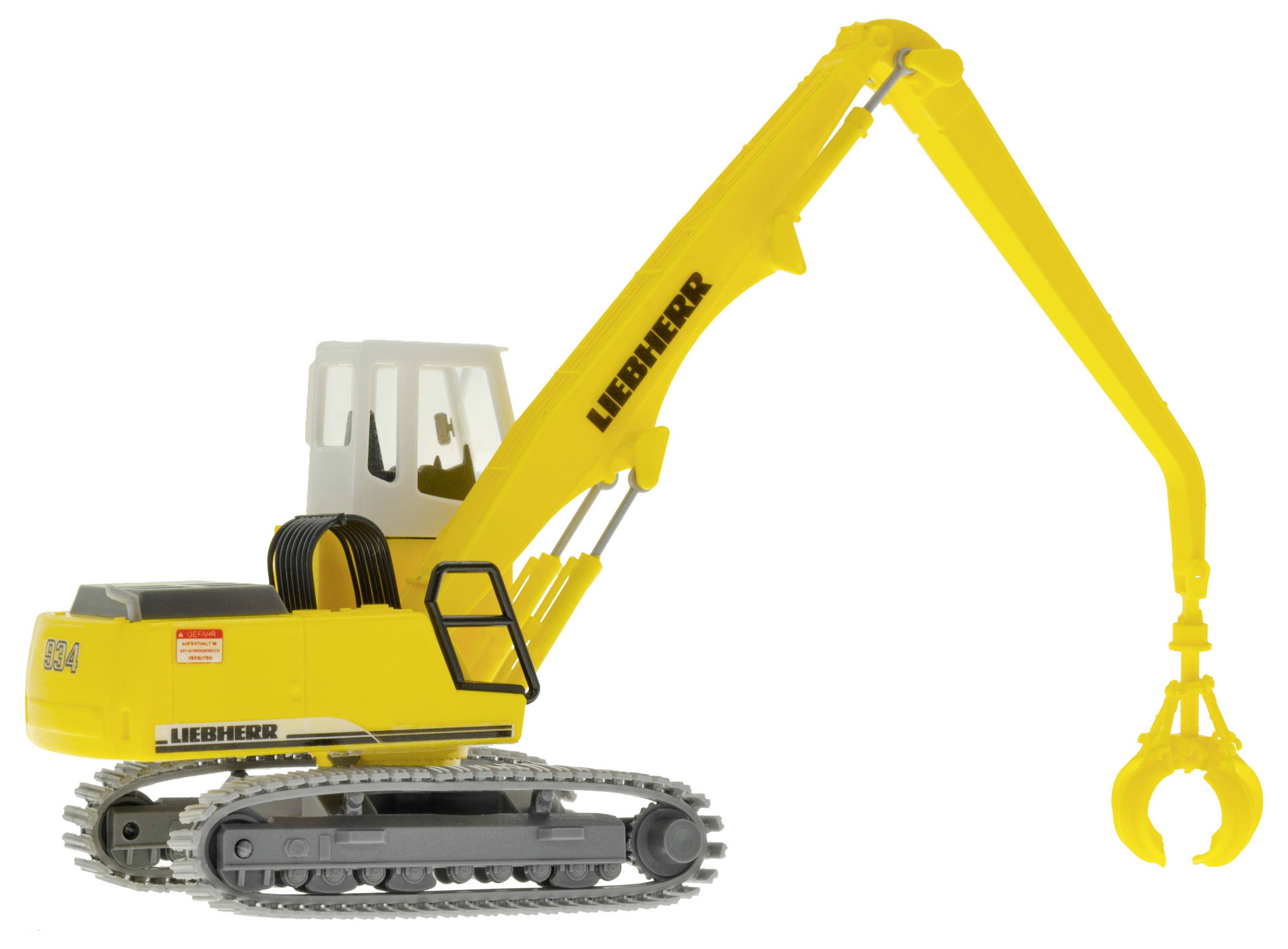 Yellow tracked Liebherr excavator with long articulated arm and claw attachment on a white background.