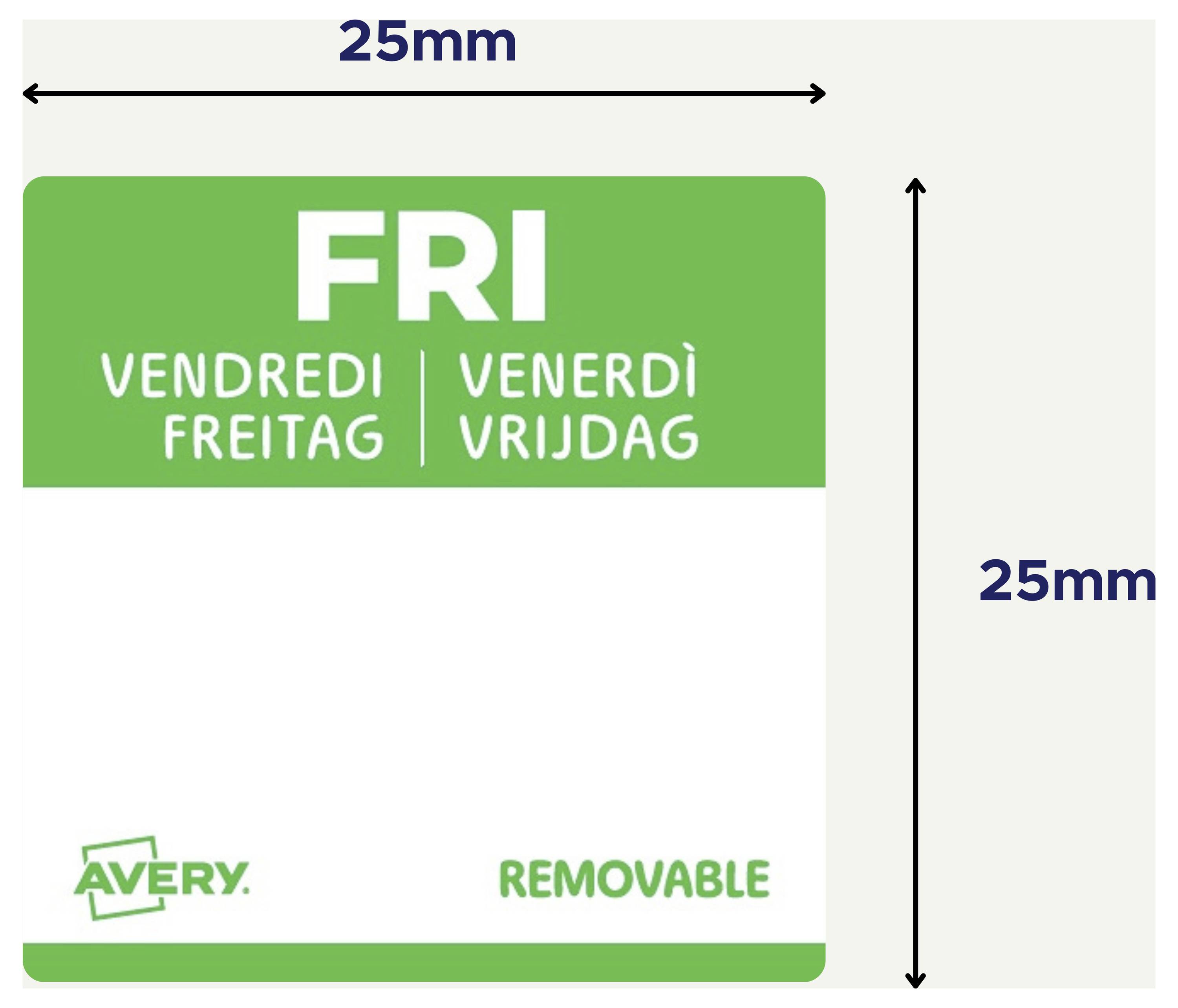 Square removable Avery label for Friday, 25 mm by 25 mm, green header with 'FRI' and multilingual 'Friday' text.