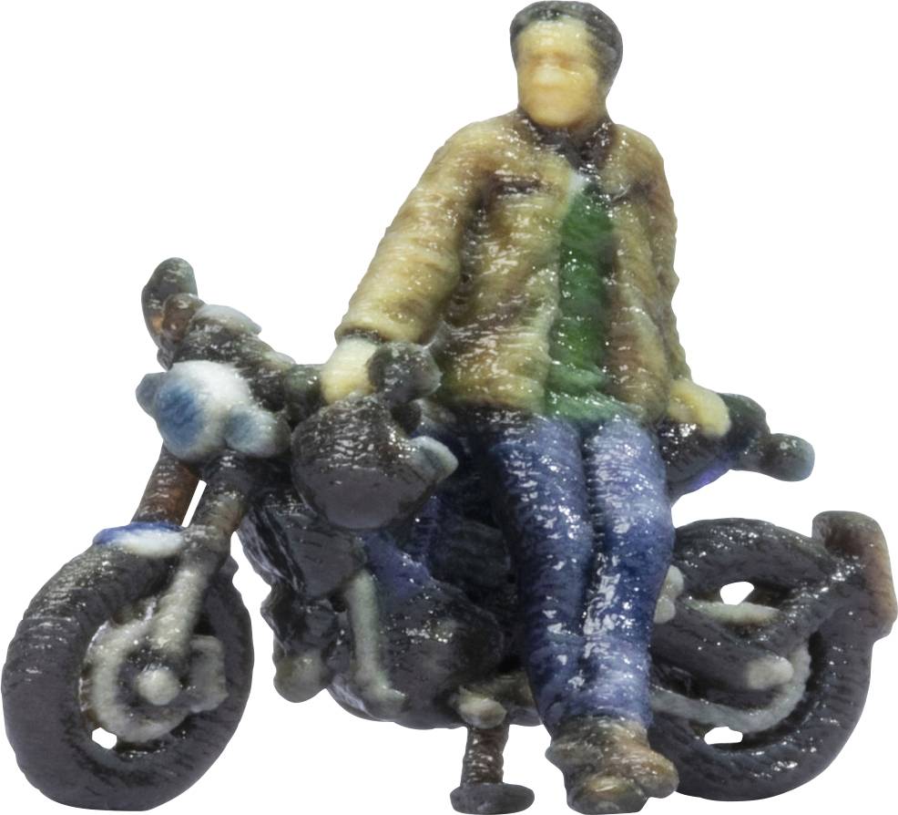 Toy figurine of a person sitting on a motorcycle, wearing a tan jacket and blue pants.<br>
