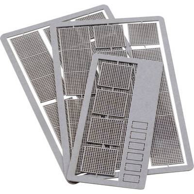 Stack of metal stencil sheets with grid cutouts and rectangular label slots, arranged overlapping on a white background.