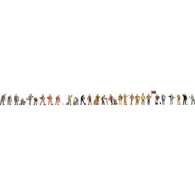 A row of tiny worker figures in orange and gray, shown in various poses to suggest a sequence of manual labor or teamwork.