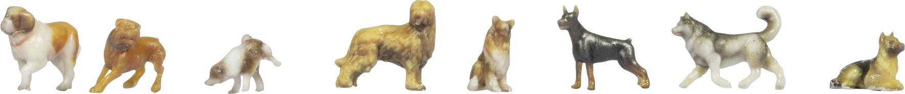 A row of six small dog photos showing different breeds and coat colors, including white-brown, orange, gray, golden, black, and white-gray dogs.<br>