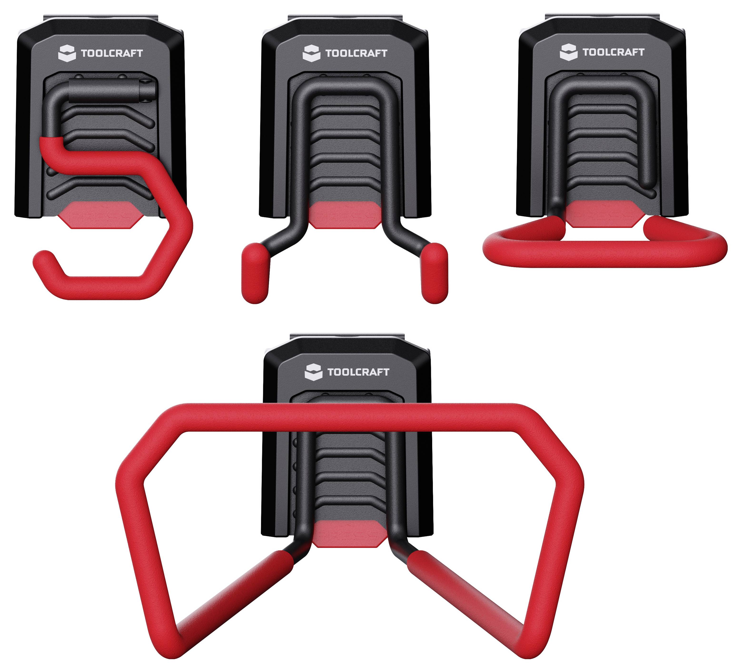 Four views of a TOOLCRAFT clamp with red, adjustable handles in different positions, showing alternative grip configurations.