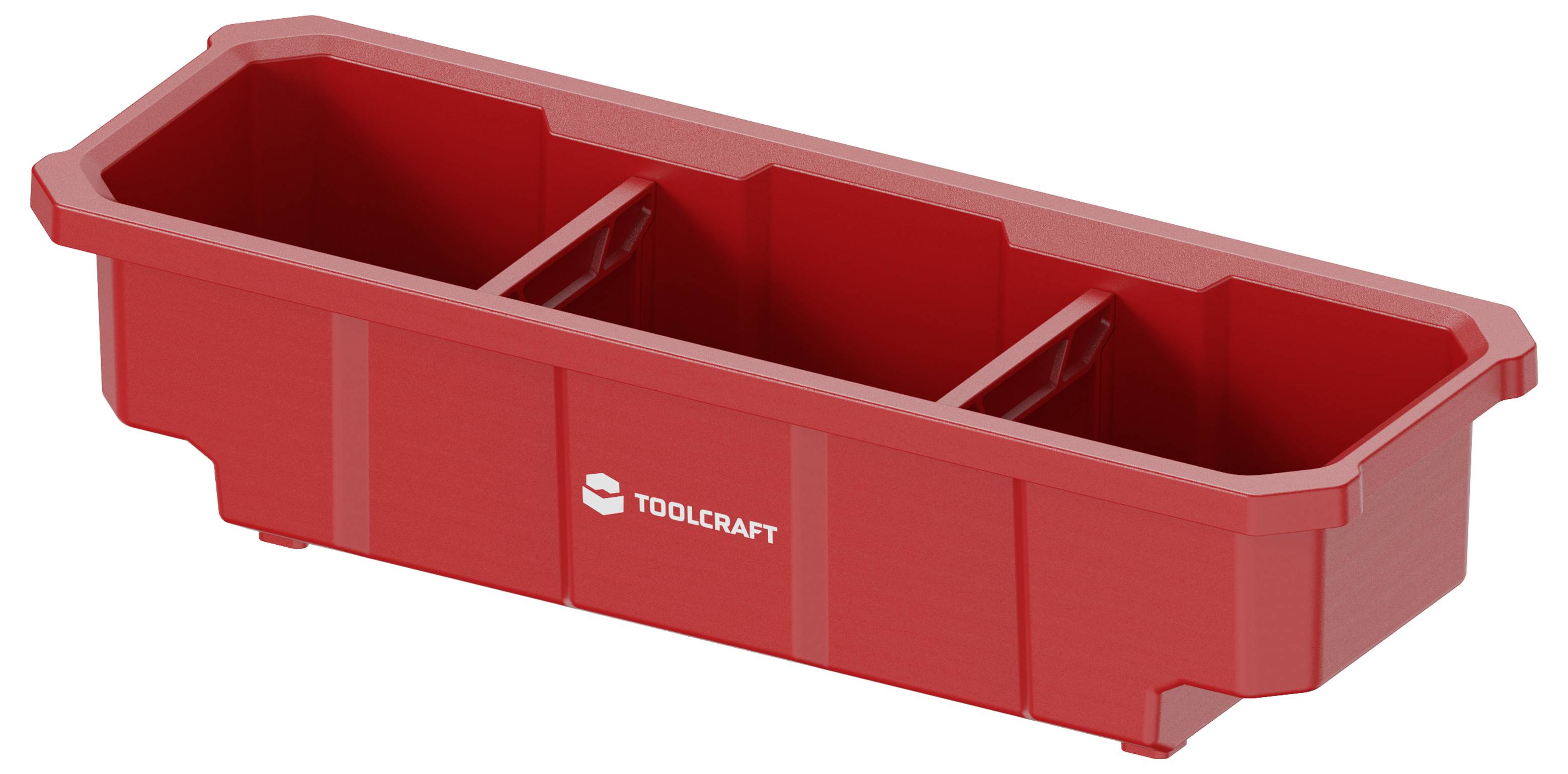 Red plastic storage bin with three compartments and toolcraft logo, shown on a white background.