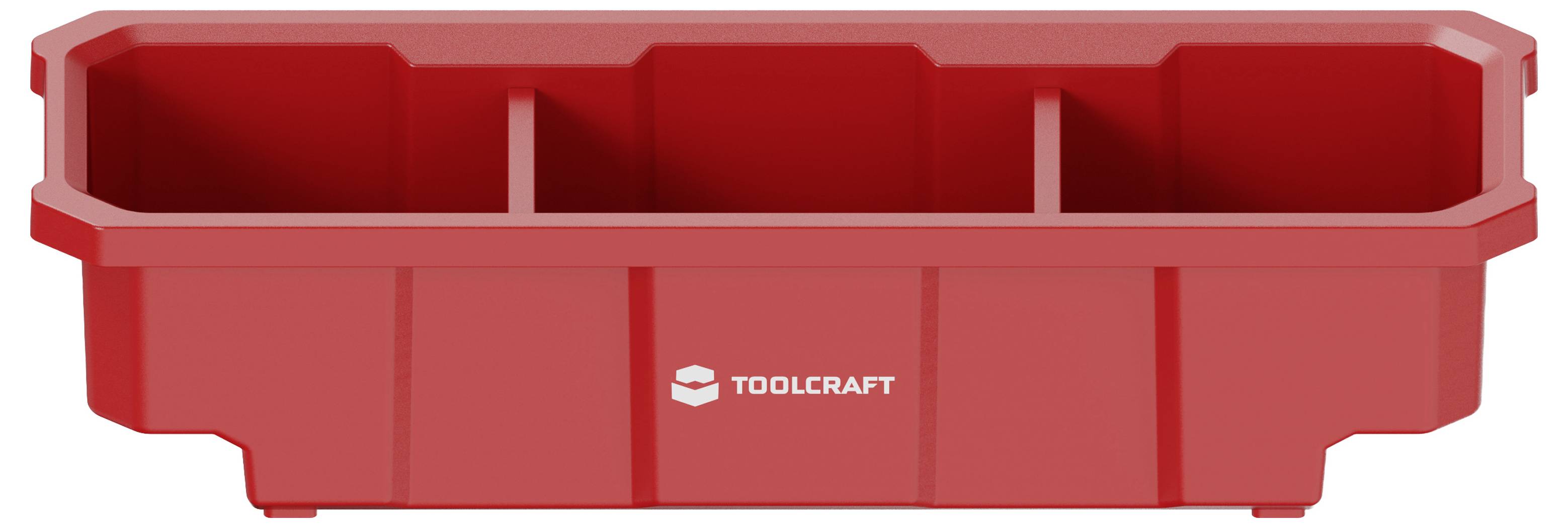 Red Toolcraft plastic storage bin with three open compartments and a front lip, shown on a white background.