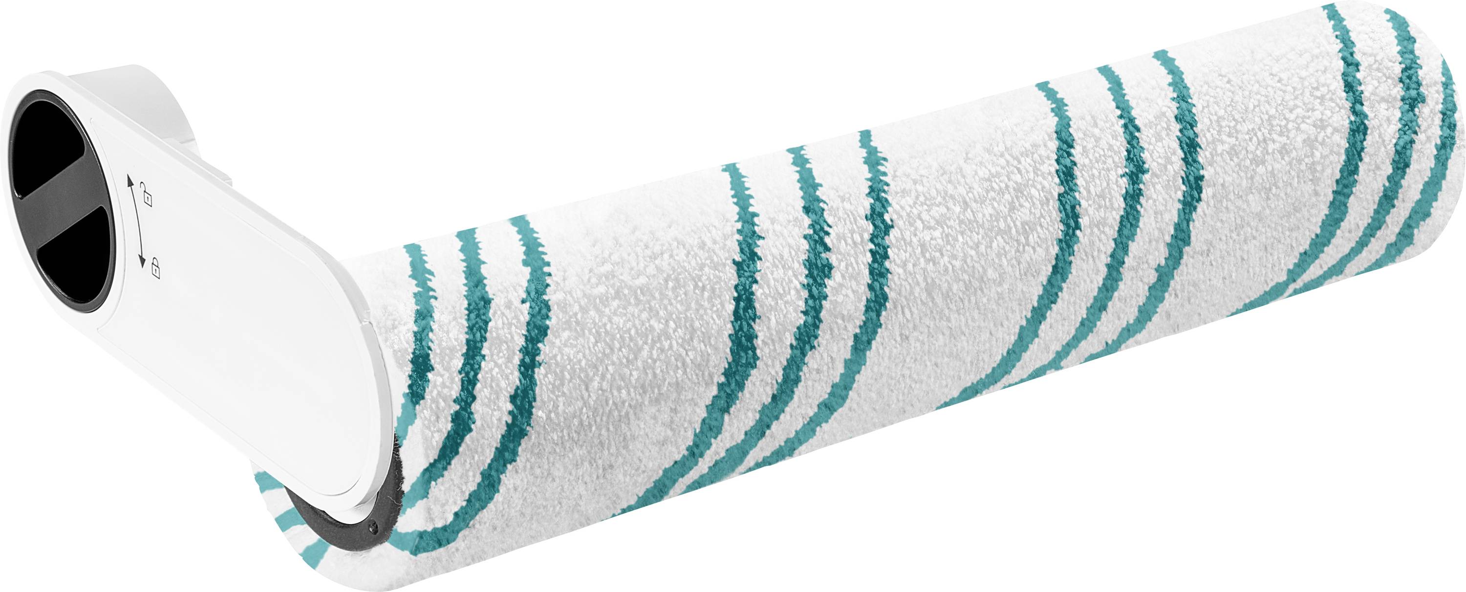 A white paint roller cover with teal spiral stripes and a white plastic handle on a white background.