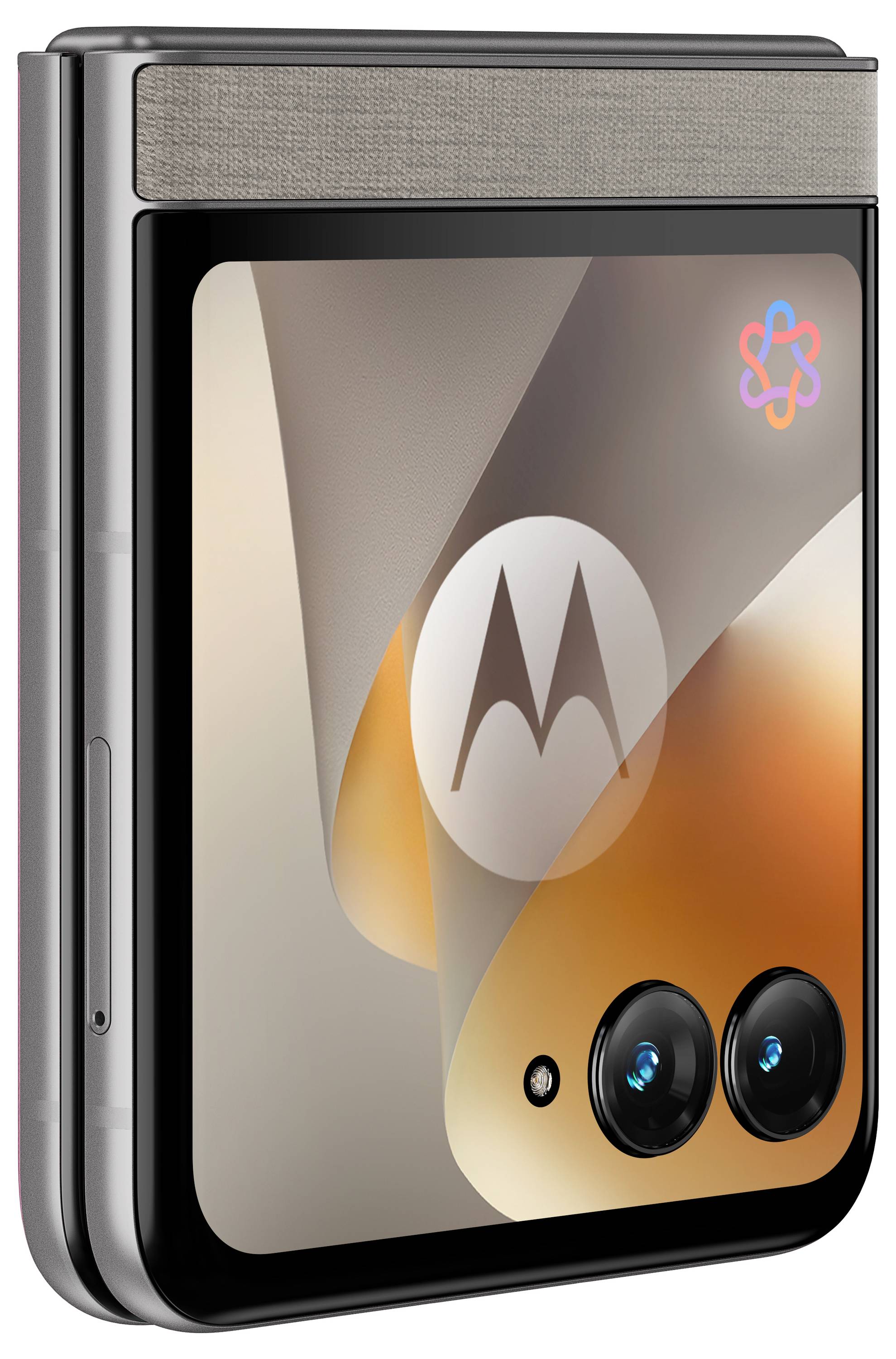 Foldable smartphone shown partially open, with external display visible, Motorola logo on screen, and dual rear cameras in the lower right.