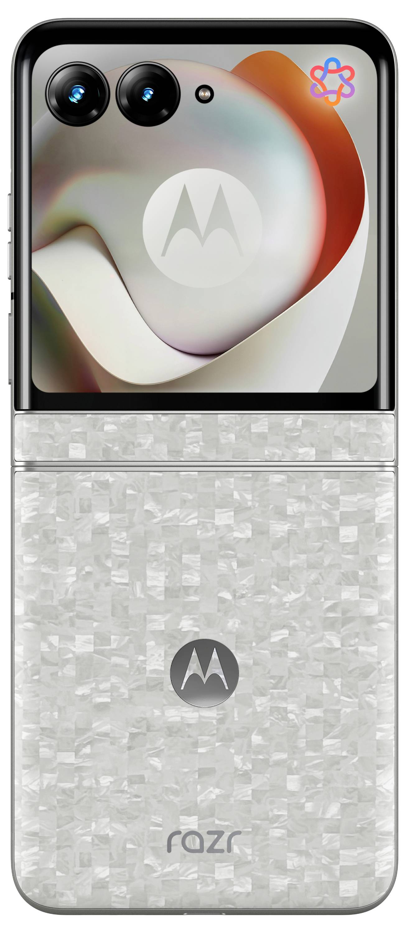 Front view of a silver Motorola Razr foldable phone, closed, showing dual rear cameras and the Motorola logo on the back.