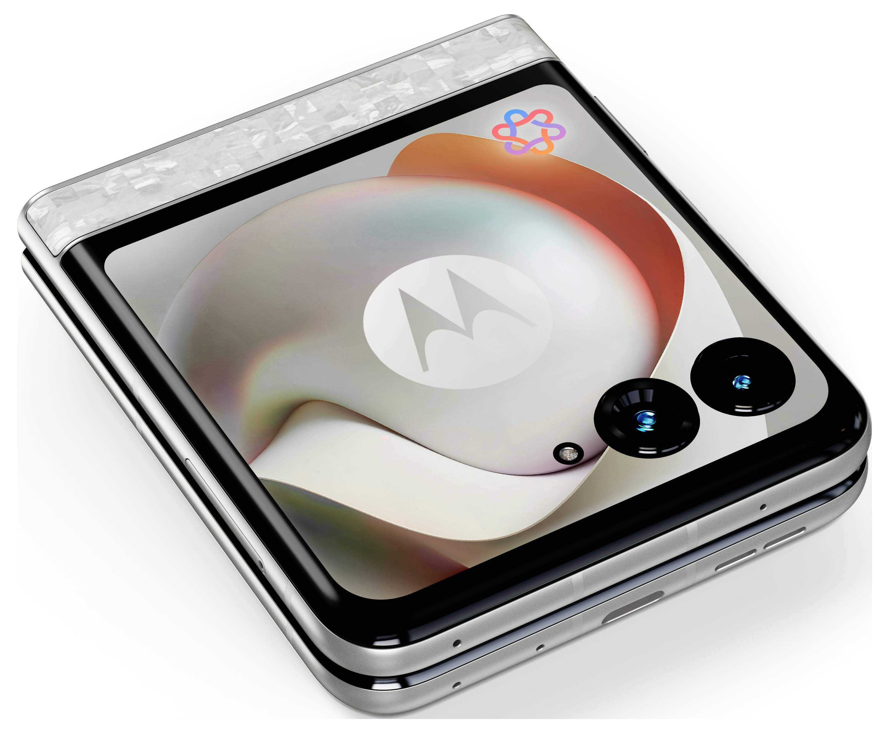 Foldable smartphone shown partially open, displaying a colorful abstract wallpaper with a Motorola logo on the inner screen.<br>