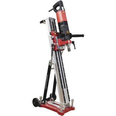 Portable diamond core drill rig with motorized drilling unit mounted on a vertical guide rail and base stand.