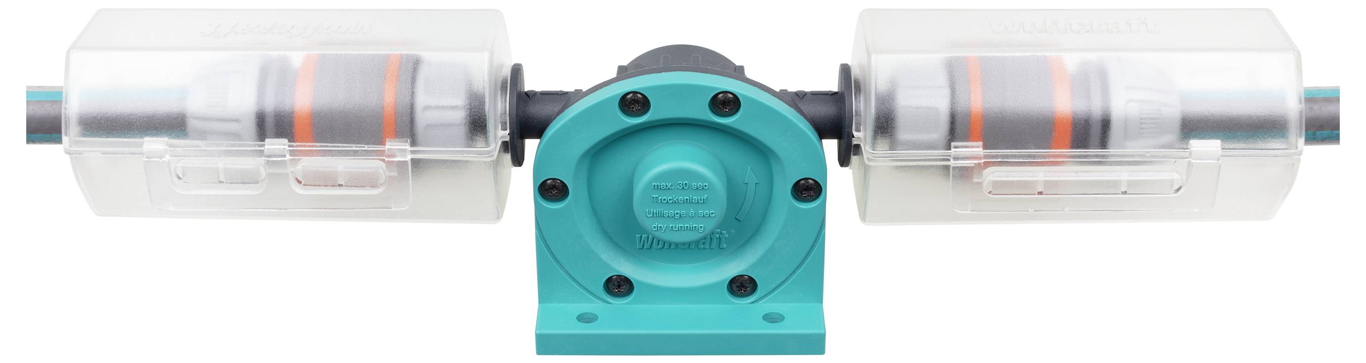 Transparent inline fluid device with a teal central housing and clear chambers on both sides, showing orange internal markers.