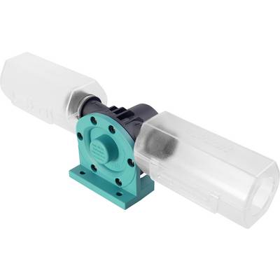 Compact pump or motor assembly with a teal mounting base, black central housing, and two translucent cylindrical end covers on a white background.