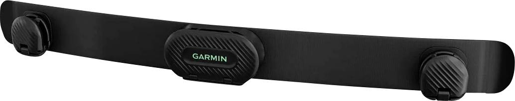 Garmin heart rate monitor chest strap with adjustable black band and central sensor module.<br>