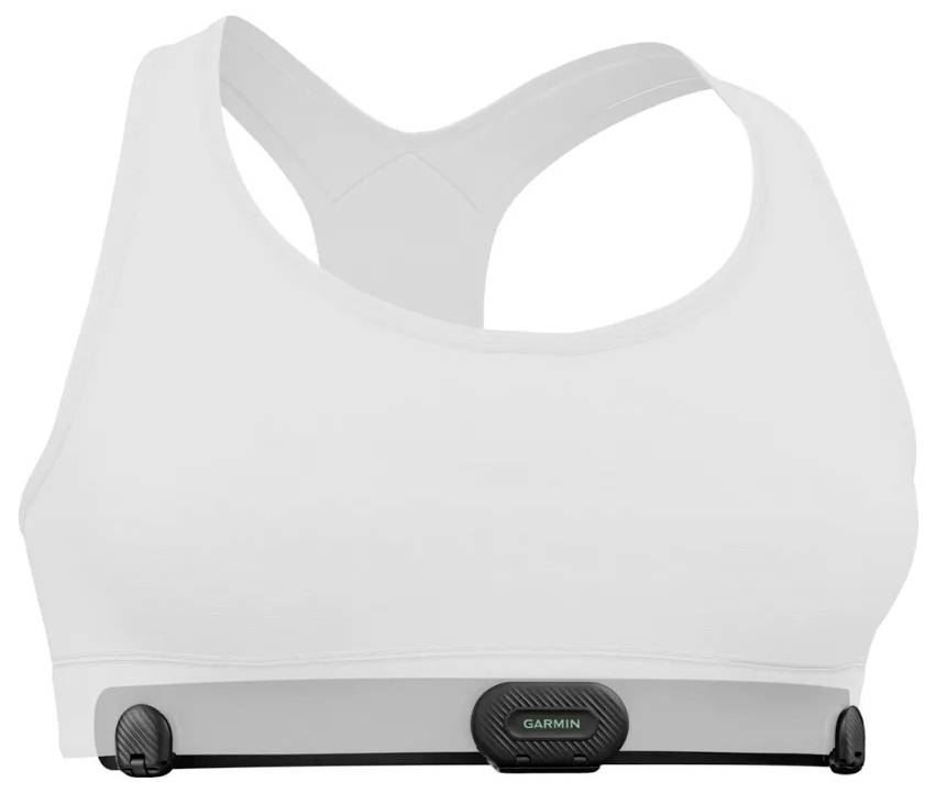 White sports bra with a black Garmin heart-rate monitor clipped to the lower band.