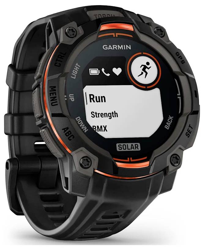 Garmin rugged smartwatch showing an activity menu with 'Run' selected, plus 'Strength' and 'BMX', on a black solar charging watch.