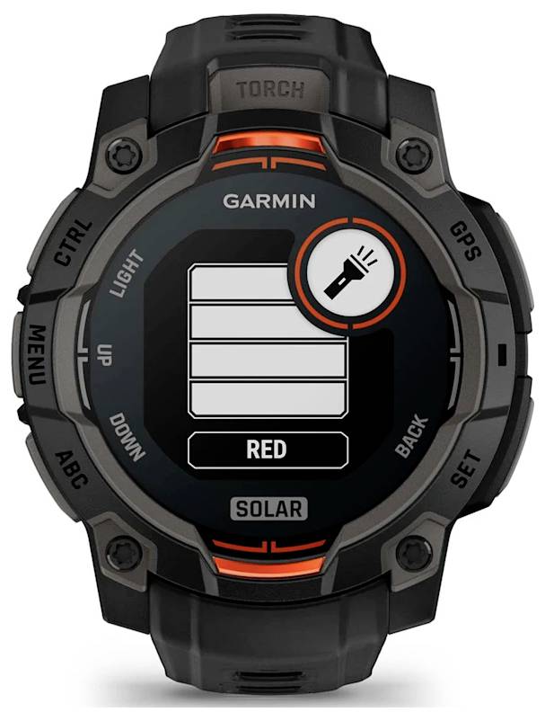Garmin solar smartwatch with built-in torch/flashlight shown on its display, black rugged case and labeled buttons around the bezel.