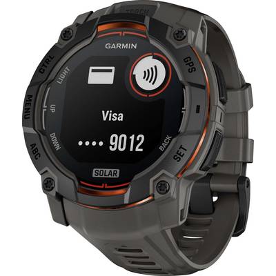 Garmin GPS smartwatch with contactless payment displayed, showing 'Visa' and ending digits 9012 on a dark screen.<br>