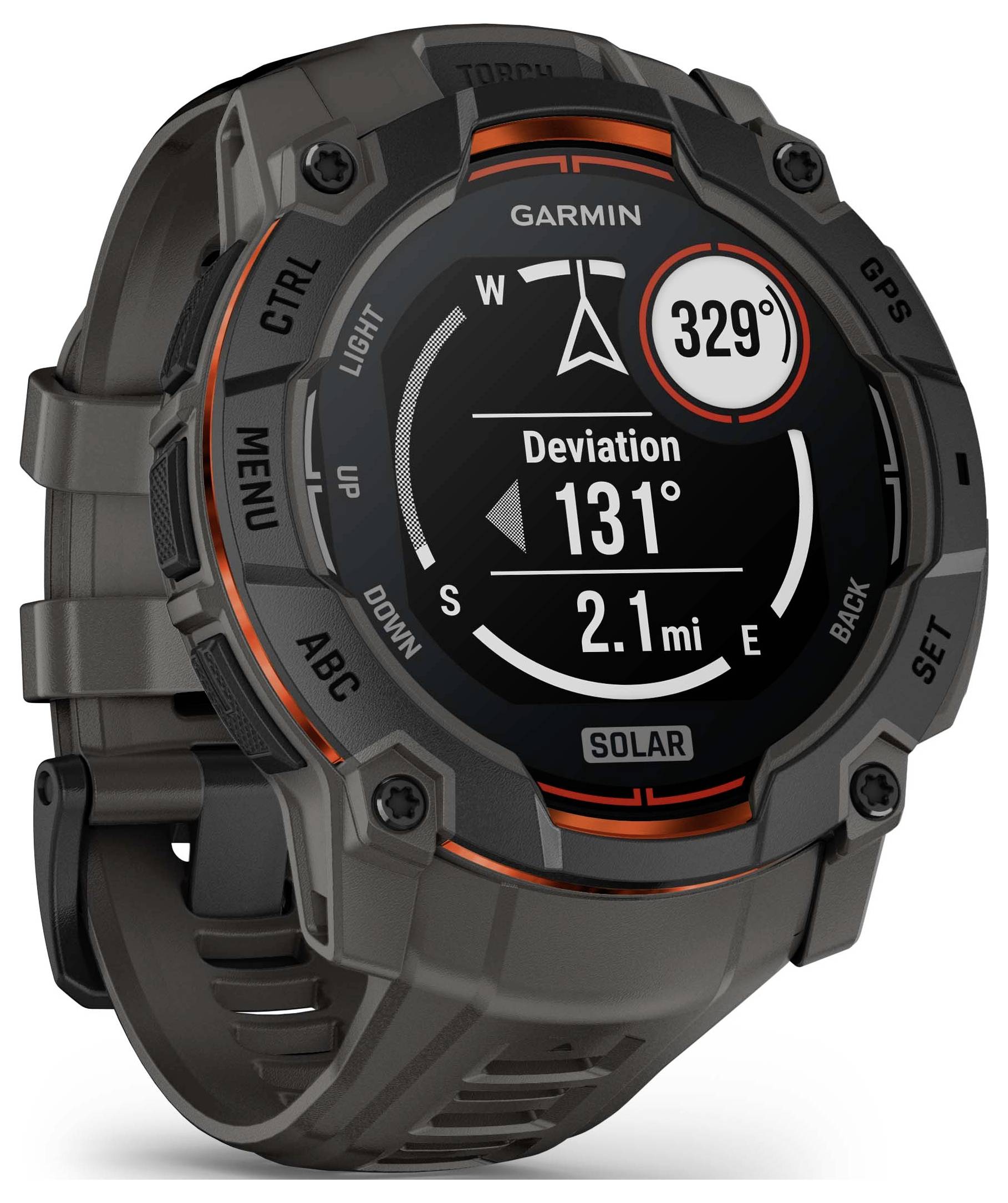 Garmin GPS smartwatch displaying navigation data, including 329°, deviation 131°, and 2.1 mi, with compass indicators and control buttons.