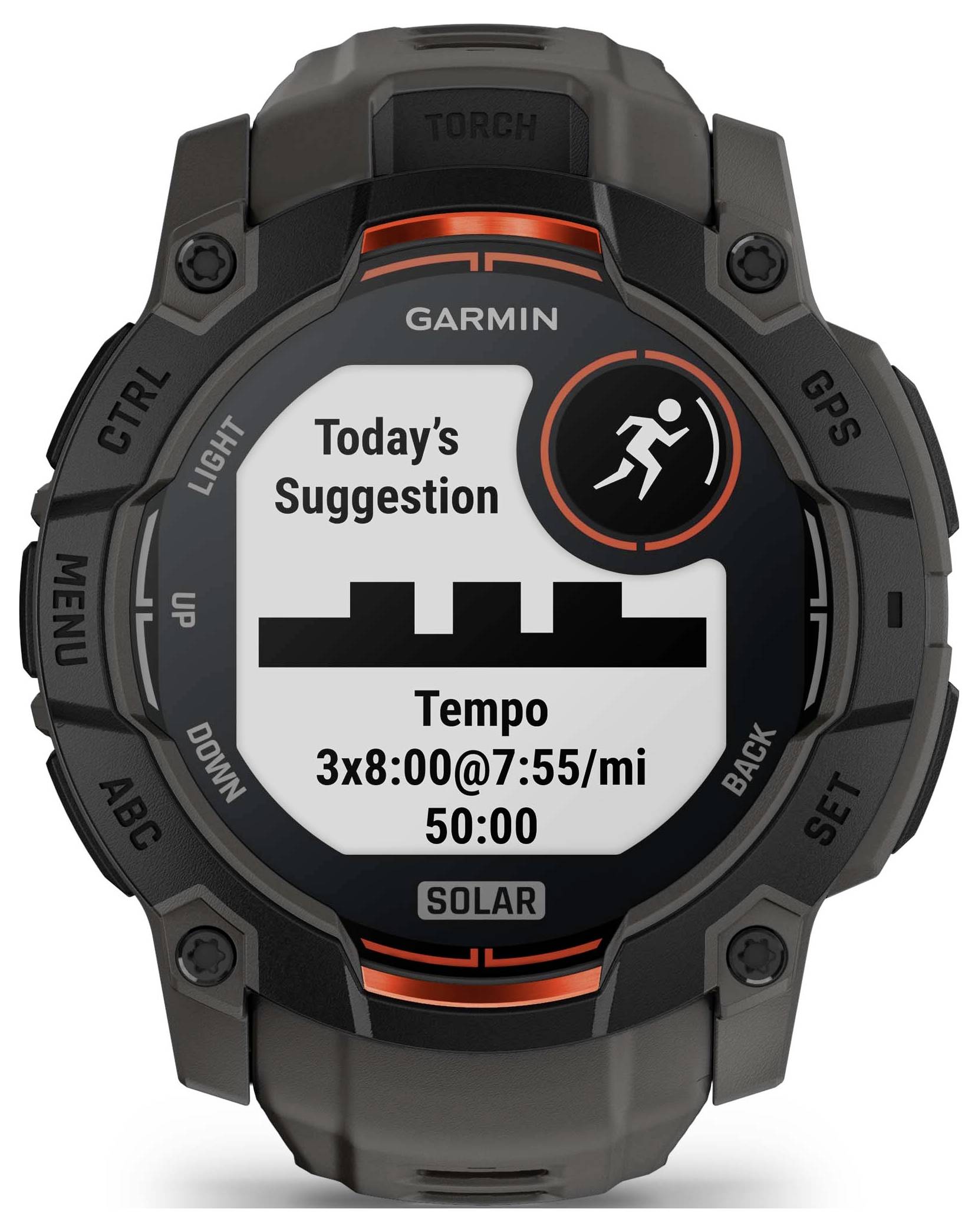 Garmin sports watch displaying 'Today's Suggestion' run workout: Tempo, 3x8:00 at 7:55/mi, 50:00 total.<br>