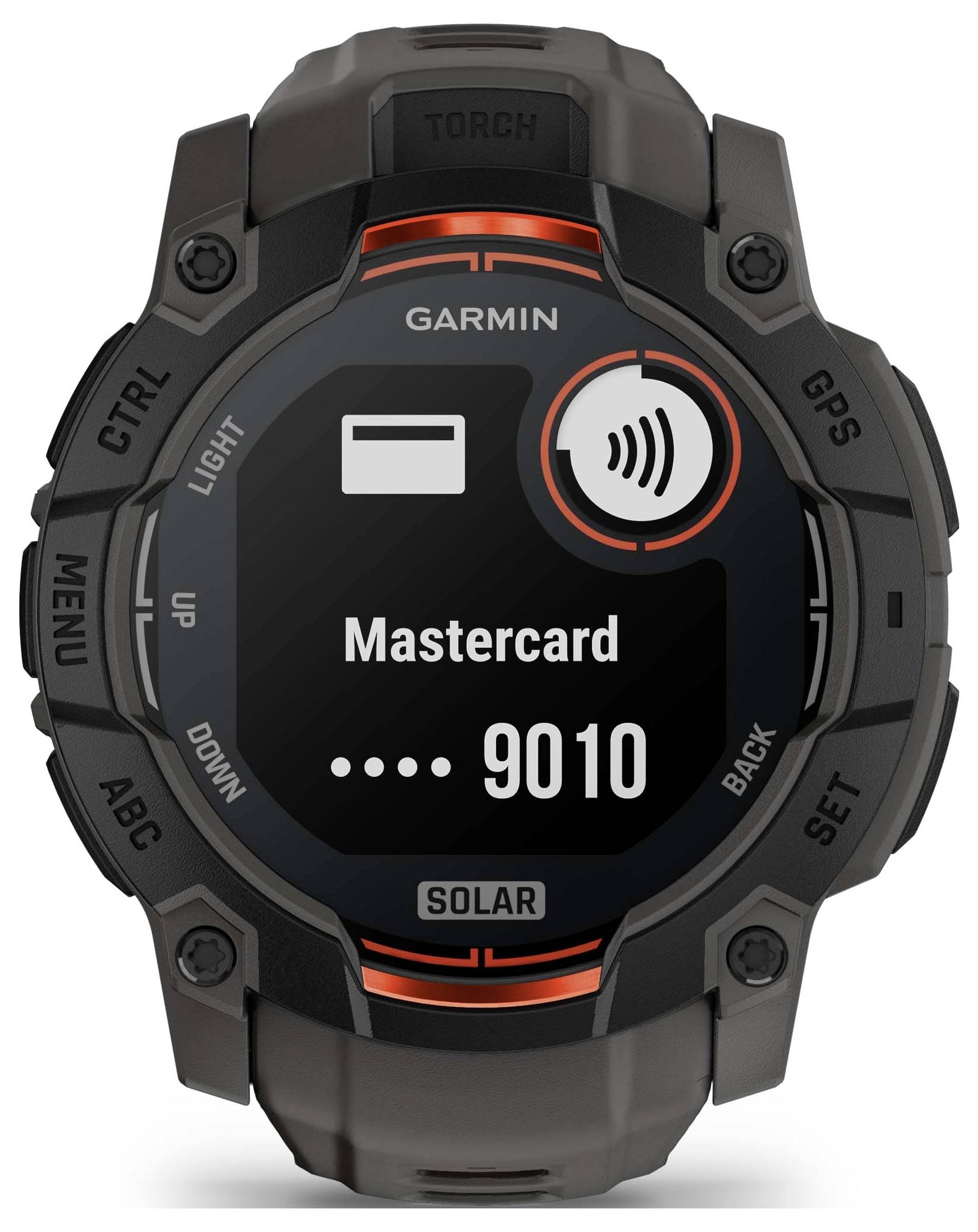 Garmin smartwatch showing Mastercard payment screen with contactless symbol and card ending 9010; rugged solar model.