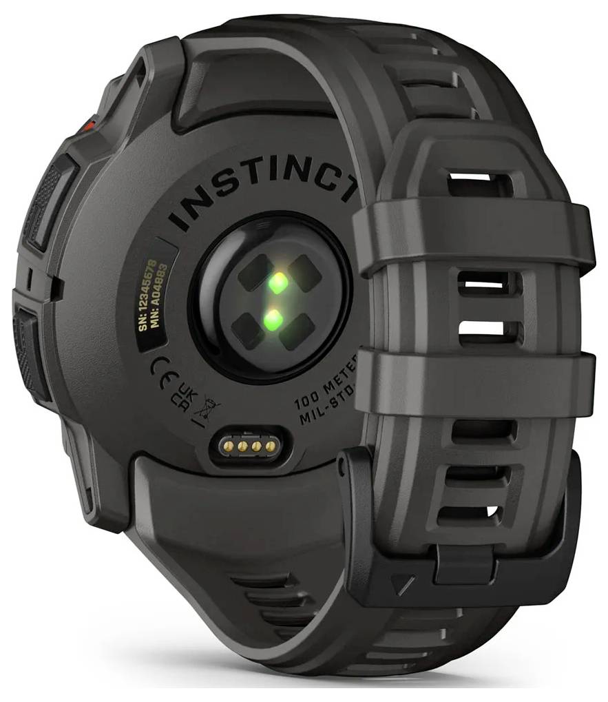 Black Garmin Instinct smartwatch with round digital face, rugged case, silicone strap, and illuminated sensors on a white background.