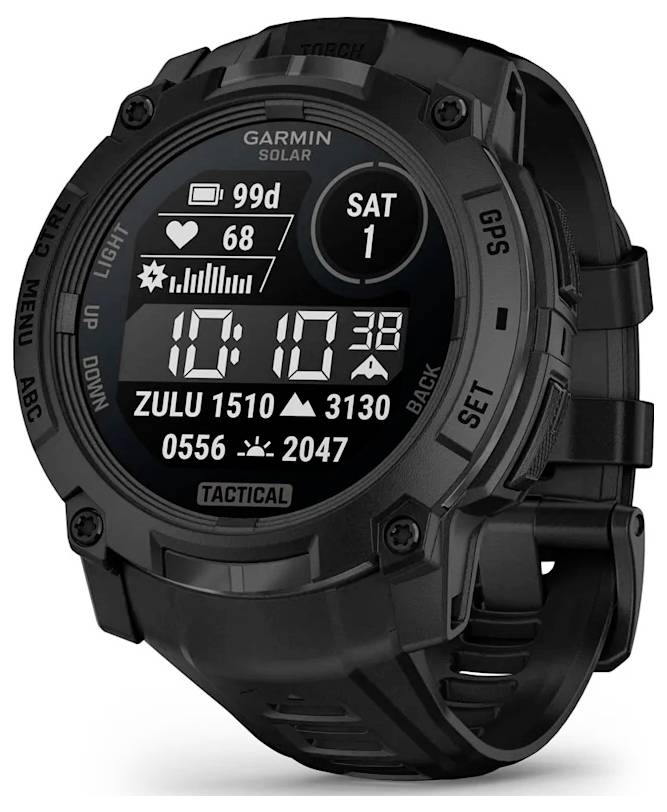 Black Garmin solar tactical smartwatch with digital display showing 99d battery, heart rate 68, and time 10:10 on Saturday 1.