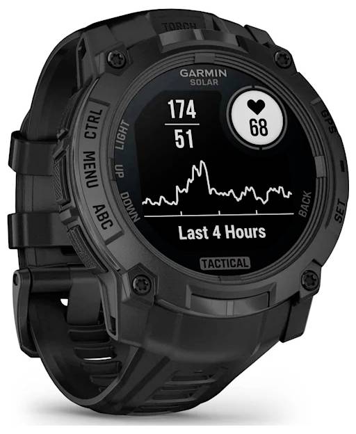 Black Garmin Solar tactical smartwatch showing a heart icon with 68, 174 and 51 stats, and a 4-hour line graph on the display.
