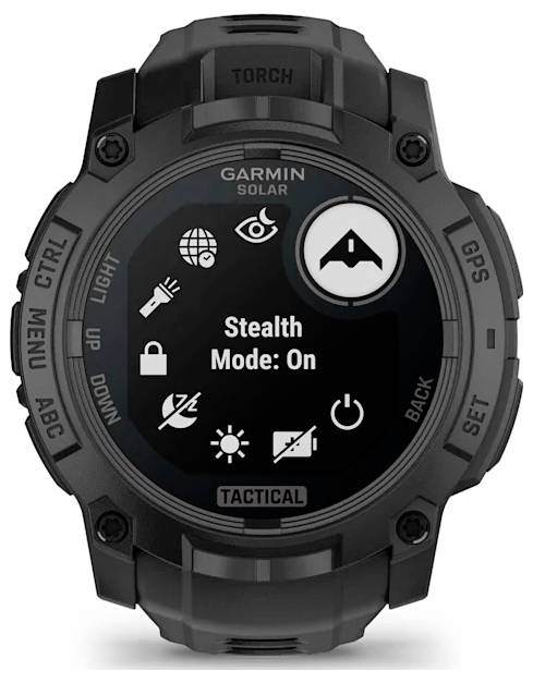 Garmin Solar tactical smartwatch display showing 'Stealth Mode: On' with icons for GPS and sensor functions on a rugged black watch.