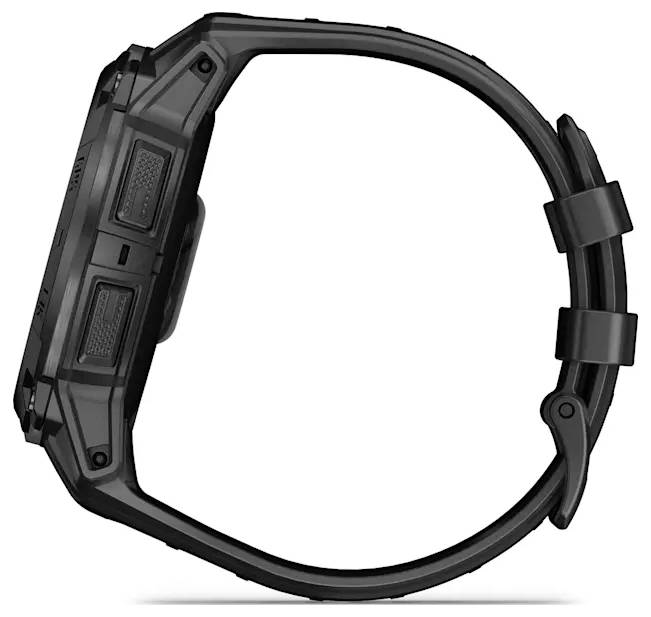 Black rugged smartwatch with a large rectangular face and durable strap, shown in side profile on a white background.