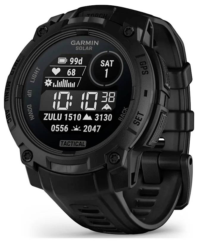 Black Garmin solar GPS smartwatch shown at an angle, with digital display showing time, date, battery, heart rate, and tactical mode.