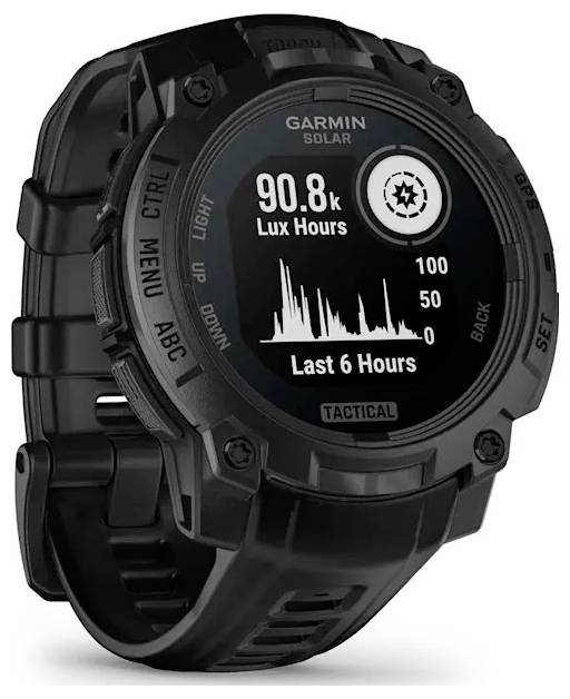 Black Garmin Solar tactical smartwatch showing a light widget with 90.8k Lux Hours and a 6-hour bar chart.