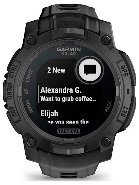 Garmin tactical smartwatch showing 2 new text messages, including one from Alexandra G. saying 'Want to grab coffee..'