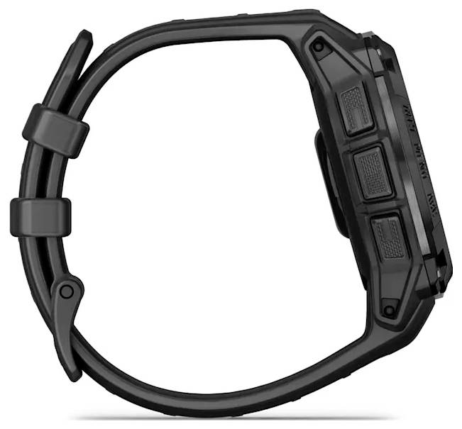 Black digital sports watch with rectangular face, side buttons, and rubber strap shown on a white background.