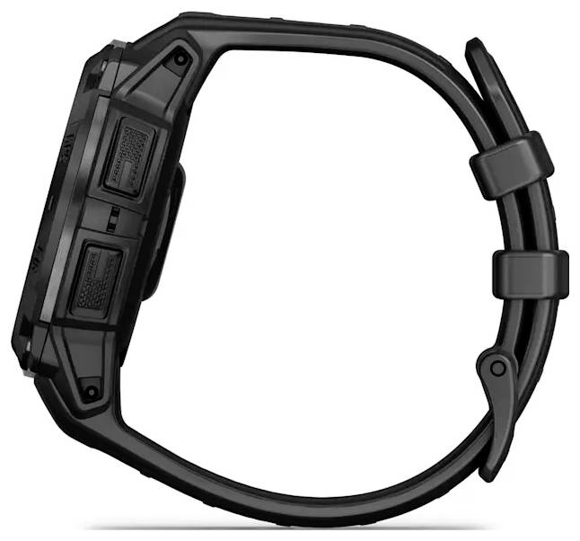 Black digital wristwatch with a chunky rectangular case and rubber strap shown on a white background.<br>