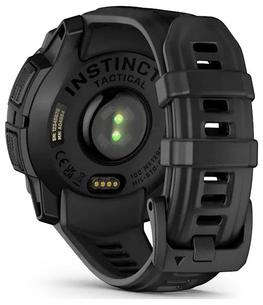 Black Instinct Tactical smart watch shown from the back, with heart-rate sensor and ventilated silicone strap.<br>