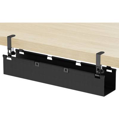 Black under-desk cable management tray clipped to the edge of a wooden desk, holding and hiding cords beneath the desktop.