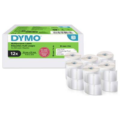 Dymo multipurpose label box with 12 rolls of white labels, 19 mm x 51 mm, for labeling mail or shipping.