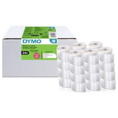 Box of DYMO multipurpose labels with multiple white label rolls stacked beside it, showing a 24-pack of labels for printers.