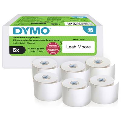 Box of DYMO small name badge labels with six white label rolls displayed in front; box shows sample name 'Leah Moore' and size 41 mm x 89 mm.