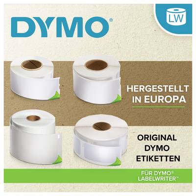 DYMO label rolls shown with German text 'HERGESTELLT IN EUROPA', 'ORIGINAL DYMO ETIKETTEN', and 'FÜR DYMO LABELWRITER'; LW logo top right.