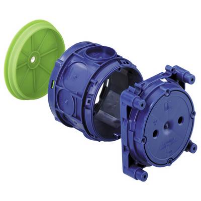 Blue electrical junction box with green protective lid, shown exploded to display the cover, housing, and front mounting plate.