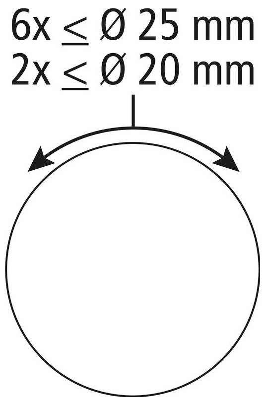 Diagram of a circular part with a top center mark and curved arrows around the upper edge, labeled '6x ≤ Ø 25 mm' and '2x ≤ Ø 20 mm' indicating hole or cutout sizes and counts.