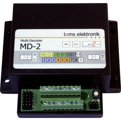 Black Tams Elektronik MD-2 multi-decoder module with labeled switches, numbered channels 1-18, and green screw-terminal connectors.