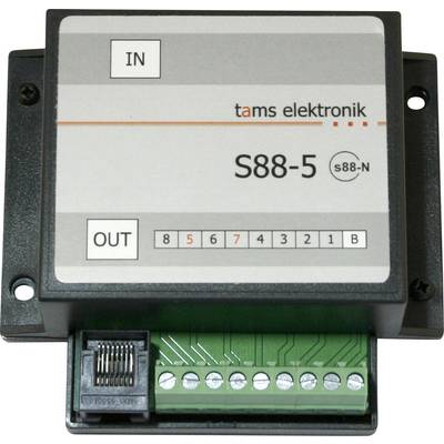 Photo of a Tams Elektronik S88-5 S88-N module with IN and OUT labels, a numbered port row, and connector terminals for device wiring.