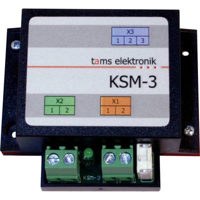 Photo of a tams elektronik KSM-3 electronic module with labeled connectors X1, X2, and X3 and terminal screws.