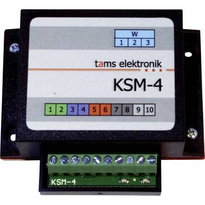 A Tams Elektronik KSM-4 electronic module with labeled switch positions 1–10 and terminal screws, shown front-on.