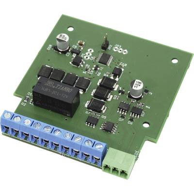 Green electronic circuit board with a blue screw terminal strip and black relay components, shown on a white background.