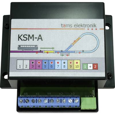 Photo of a Tams Elektronik KSM-A model train controller with labeled track diagram, numbered output buttons, and screw terminal connections.<br>