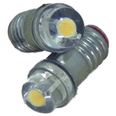 Two close-up LED light bulbs with metallic threaded bases, one angled over the other on a plain white background.