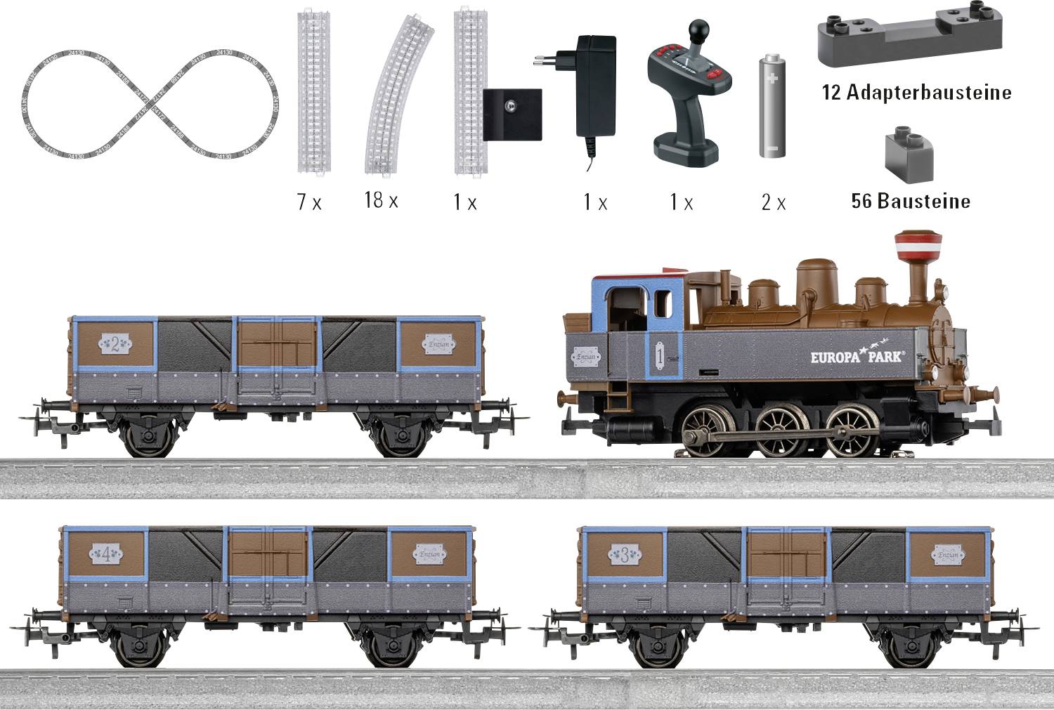 Model train set shows parts inventory and three build options for a brown 'EUROPA PARK' locomotive with matching freight wagons.